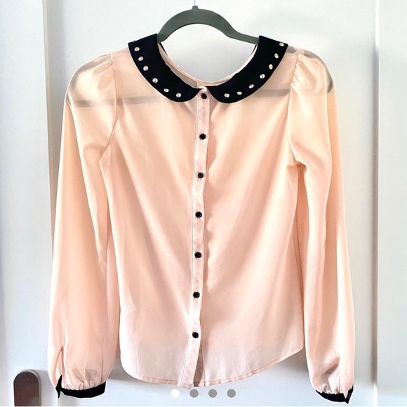Blush coloured button-up sheer blouse with a studded collar - Picture 1 of 4